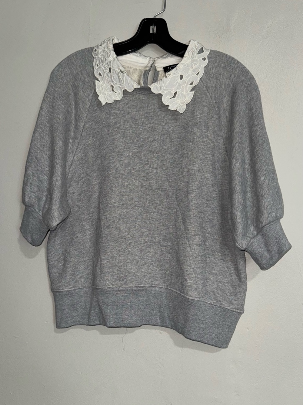 J. Crew Light Gray Puff-Sleeve Sweatshirt with White Floral Collar - Picture 14 of 16